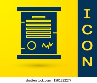 Blue Decree, paper, parchment, scroll icon icon isolated on yellow background.  Vector Illustration
