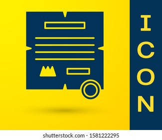 Blue Decree, paper, parchment, scroll icon icon isolated on yellow background.  Vector Illustration