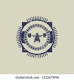 Blue deep squat icon inside distressed grunge style stamp