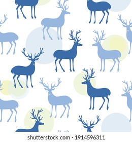 Blue deer and abstract circles on transparent background. Vector color seamless pattern image.