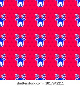 Blue Deer head with antlers icon isolated seamless pattern on red background.  Vector