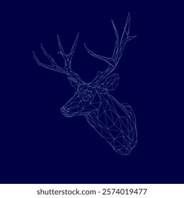 Blue deer head with a blue background. The deer head is made of a mesh of lines and dots