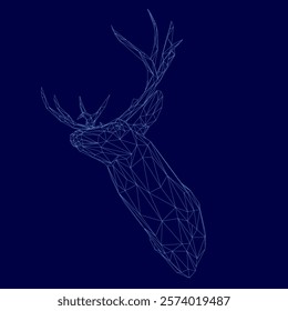 Blue deer head with a blue background. The deer head is made of lines and he is a 3D model