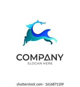 blue deer logo design, modern animal mascot logo template