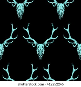 Blue deer skull on a black background .Vector seamless pattern