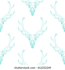 Blue deer skull on a white background .Vector seamless pattern