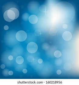 Blue defocused lights background with snowflakes and highlights. vector
