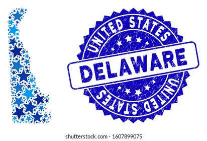 Blue Delaware State map collage of stars, and textured rounded stamp. Abstract territorial plan in blue color tints. Vector Delaware State map is designed of blue stars.