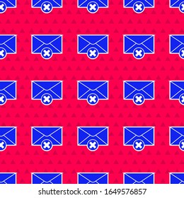 Blue Delete envelope icon isolated seamless pattern on red background. Delete or error letter. Cross on message. Rejected mail.  Vector Illustration