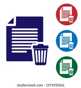 Blue Delete file document icon isolated on white background. Paper sheet with recycle bin sign. Rejected document icon. Cross on paper. Set color icon in circle buttons. Vector Illustration