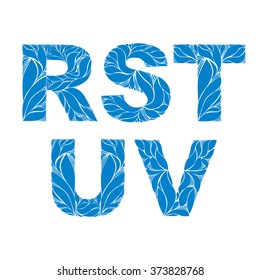 Blue delicate drop caps with marine ornament. Spring font with natural pattern, R, S, T, U, V.