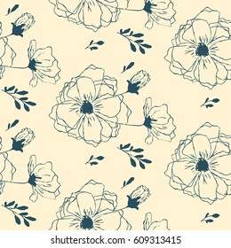 Blue delicate flowers on a beige background.  wallpaper seamless  flower pattern.  Delicate floral background. blue  gold graphic print