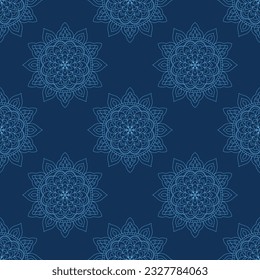 Blue delicate mandala vector pattern, seamless background