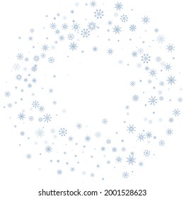 Blue delicate openwork snowflakes scatter on a white background. Festive background, postcard design, wallpaper