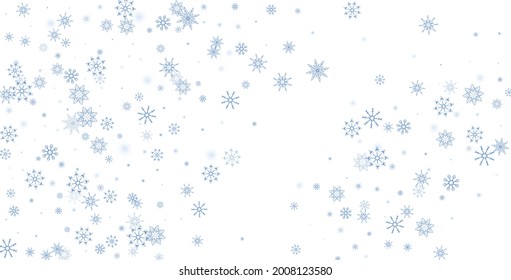 Blue delicate openwork snowflakes scatter on a white background. Festive background, postcard design, wallpaper