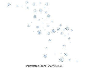 Blaue, feine Schneeflocken im Freien verstreut auf weißem Hintergrund. Festlicher Hintergrund, Postkartendesign, Tapete