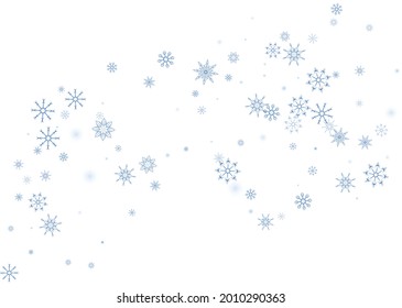 Blue delicate openwork snowflakes scatter on a white background. Festive background, postcard design, wallpaper