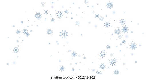 Blue delicate openwork snowflakes scatter on a white background. Festive background, postcard design, wallpaper