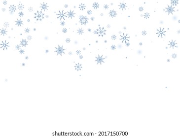 Los delicados copos de nieve azul a cielo abierto se dispersan sobre un fondo blanco. Fondo festivo, diseño postal, papel tapiz