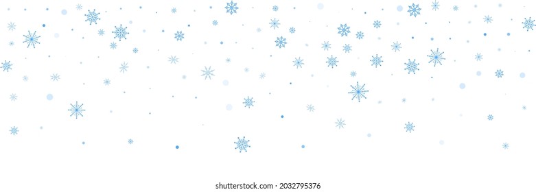 Los delicados copos de nieve azul a cielo abierto se dispersan sobre un fondo blanco. Fondo festivo, diseño postal, papel tapiz