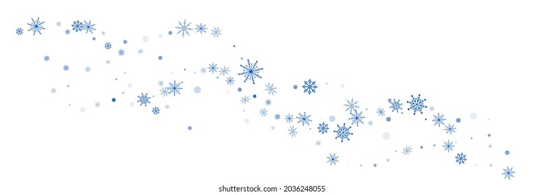 Blue delicate openwork snowflakes scatter on a white background. Festive background, postcard design, wallpaper