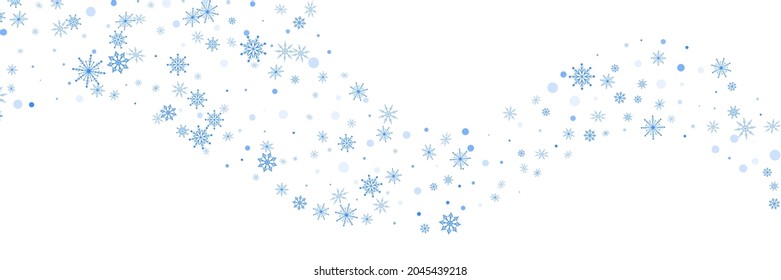 Blaue, feine Schneeflocken im Freien verstreut auf weißem Hintergrund. Festlicher Hintergrund, Postkartendesign, Tapete