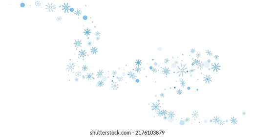 Blaue, feine Schneeflocken im Freien verstreut auf weißem Hintergrund. Festlicher Hintergrund, Postkartendesign, Tapete