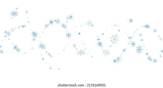 Blue delicate openwork snowflakes scatter on a white background. Festive background, postcard design, wallpaper