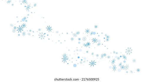 Los delicados copos de nieve azul a cielo abierto se dispersan sobre un fondo blanco. Fondo festivo, diseño postal, papel tapiz