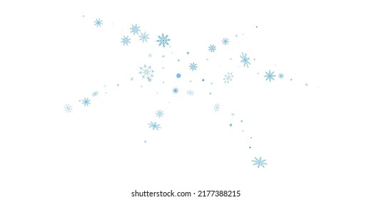 Los delicados copos de nieve azul a cielo abierto se dispersan sobre un fondo blanco. Fondo festivo, diseño postal, papel tapiz