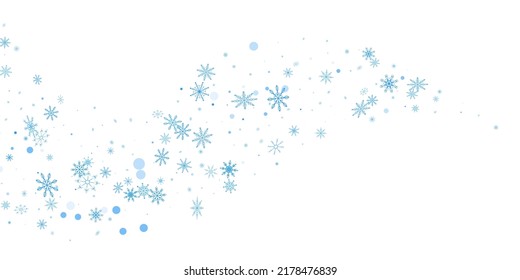 Los delicados copos de nieve azul a cielo abierto se dispersan sobre un fondo blanco. Fondo festivo, diseño postal, papel tapiz