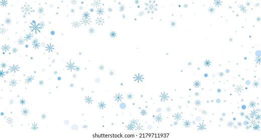 Blaue, feine Schneeflocken im Freien verstreut auf weißem Hintergrund. Festlicher Hintergrund, Postkartendesign, Tapete