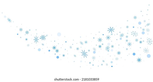 Blue delicate openwork snowflakes scatter on a white background. Festive background, postcard design, wallpaper