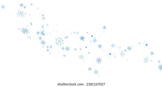 Blaue, feine Schneeflocken im Freien verstreut auf weißem Hintergrund. Festlicher Hintergrund, Postkartendesign, Tapete
