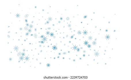 Blue delicate openwork snowflakes are scattered on a white background. Festive background, new year or christmas design