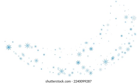 Blue delicate openwork snowflakes are scattered on a white background. Festive background, new year or christmas design