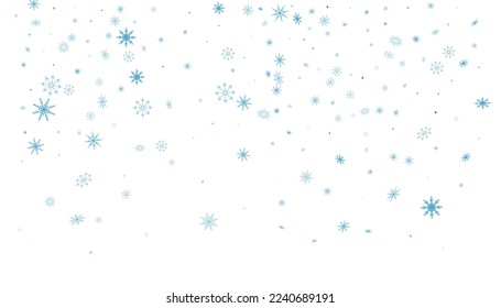 Blue delicate openwork snowflakes are scattered on a white background. Festive background, new year or christmas design