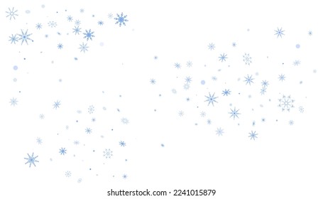 Blue delicate openwork snowflakes are scattered on a white background. Festive background, new year or christmas design