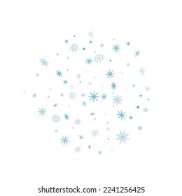Blue delicate openwork snowflakes are scattered on a white background. Festive background, new year or christmas design