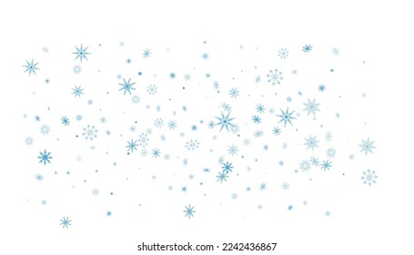 Blue delicate openwork snowflakes are scattered on a white background. Festive background, new year or christmas design