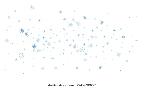 Los copos de nieve azules y delicados se dispersan en un fondo blanco. Antecedentes festivos, año nuevo o diseño navideño