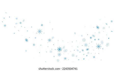 Blue delicate openwork snowflakes are scattered on a white background. Festive background, new year or christmas design