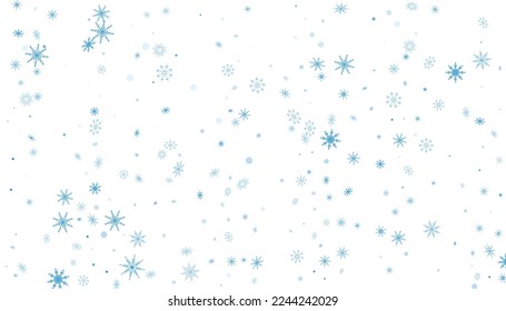 Blaue, zarte Schneeflocken sind auf weißem Hintergrund verstreut. Festlicher Hintergrund, neues Jahr oder Weihnachtsdesign