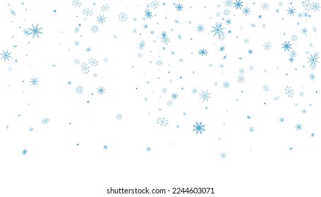 Los copos de nieve azules y delicados se dispersan en un fondo blanco. Antecedentes festivos, año nuevo o diseño navideño