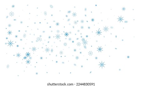 Blue delicate openwork snowflakes are scattered on a white background. Festive background, new year or christmas design