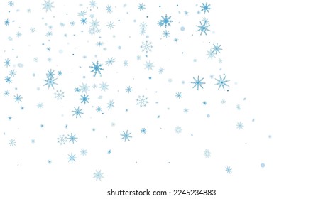 Blue delicate openwork snowflakes are scattered on a white background. Festive background, new year or christmas design