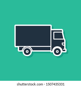 Blue Delivery cargo truck vehicle icon isolated on green background.  Vector Illustration