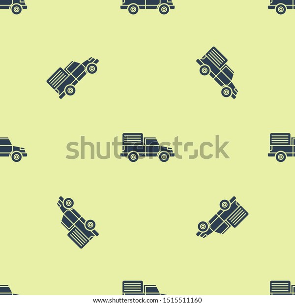 Blue Delivery\
cargo truck vehicle icon isolated seamless pattern on yellow\
background.  Vector\
Illustration
