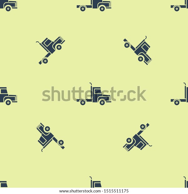 Blue Delivery\
cargo truck vehicle icon isolated seamless pattern on yellow\
background.  Vector\
Illustration