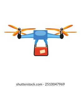Blue delivery drone carrying a red package with a label, delivering speed and efficiency